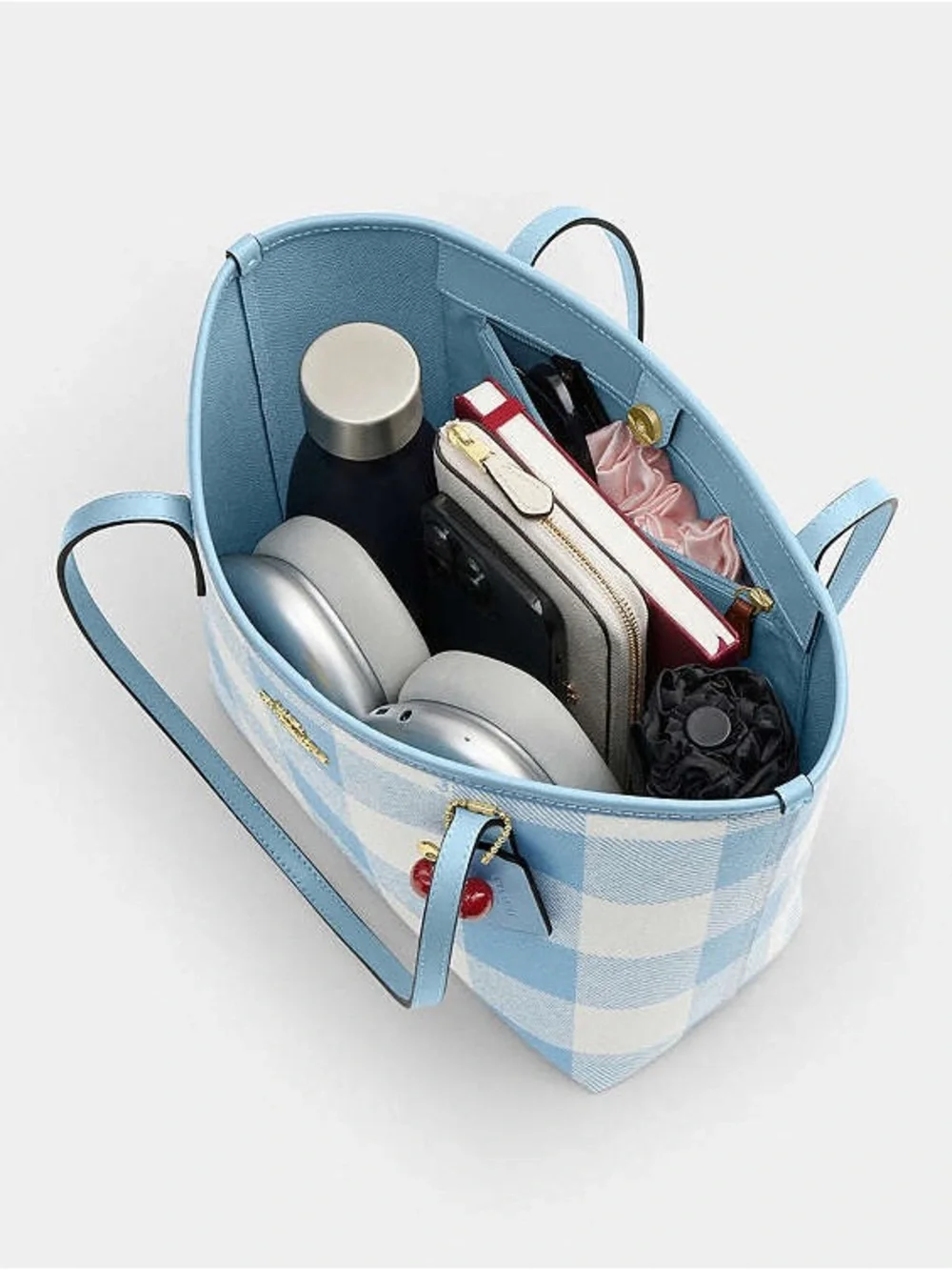 Coach Medium City Tote Bag: Blue & White Gingham Print With Cherry Bag Charm